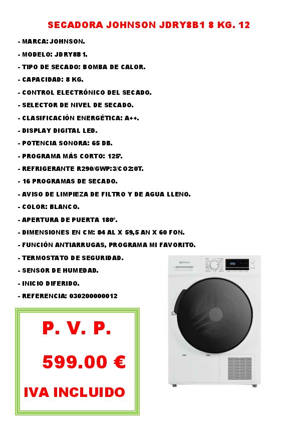 SECADORA JOHNSON JDRY8B1 8 KG. 12