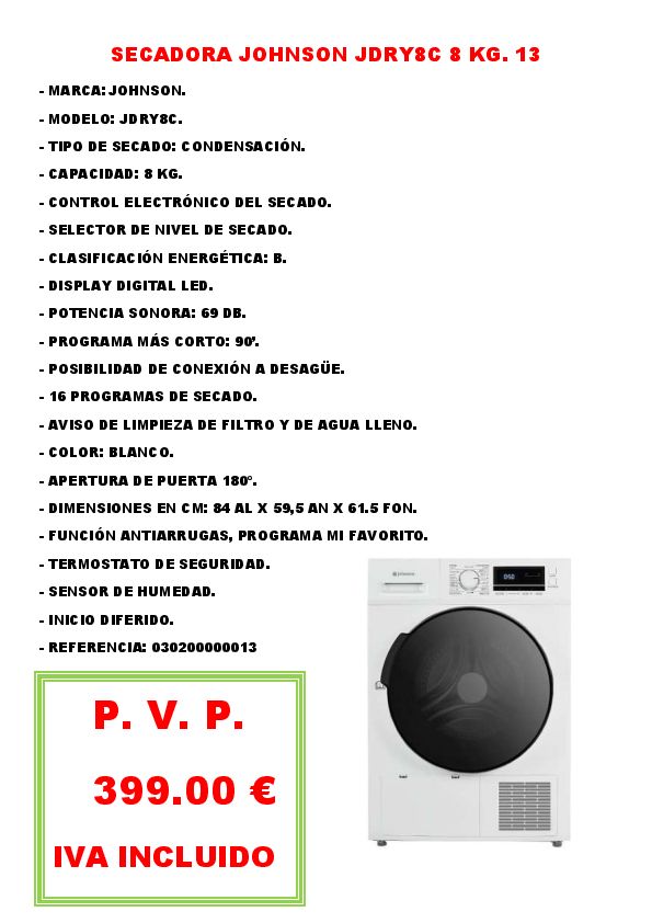 SECADORA JOHNSON JDRY8C 8 KG. 13