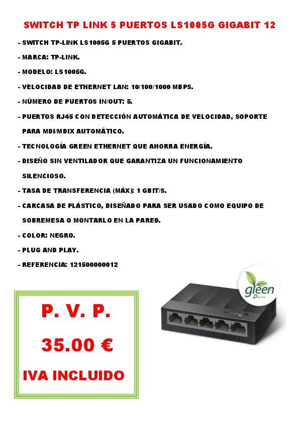 SWITCH TP LINK 5 PUERTOS LS1005G GIGABIT 12
