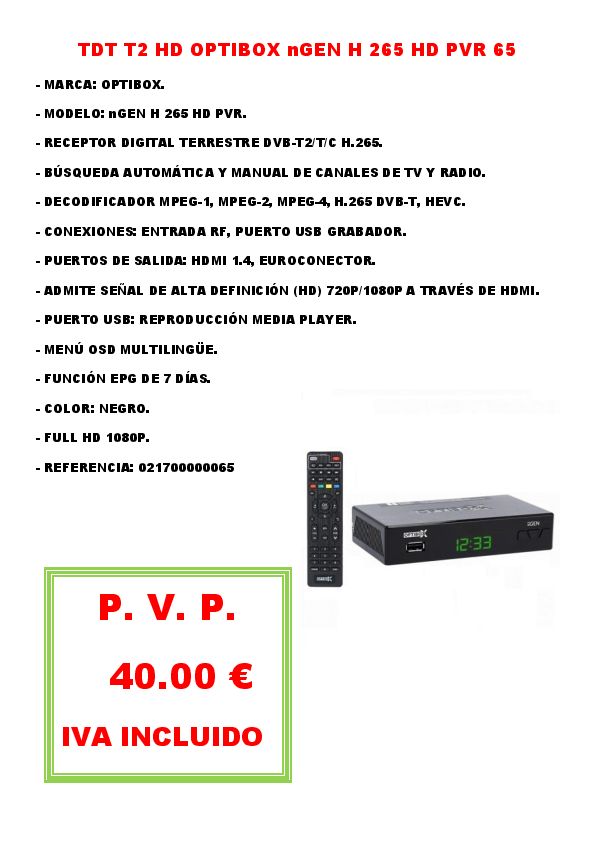 TDT T2 HD OPTIBOX nGEN H 265 HD PVR 65