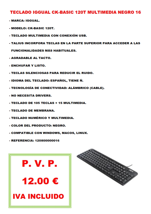 TECLADO IGGUAL CK-BASIC 120T MULTIMEDIA NEGRO 16