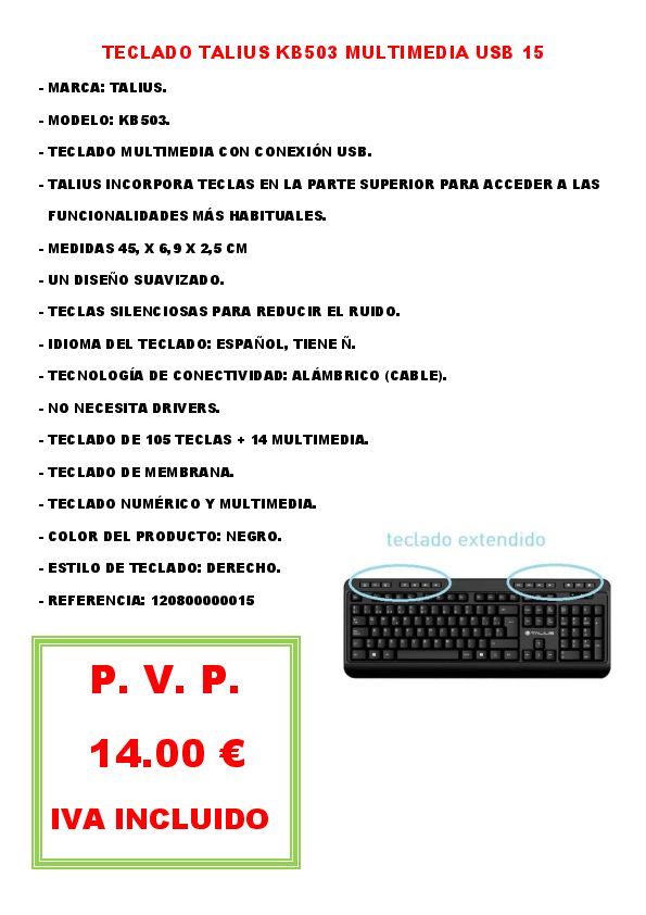TECLADO TALIUS KB503 MULTIMEDIA USB 15