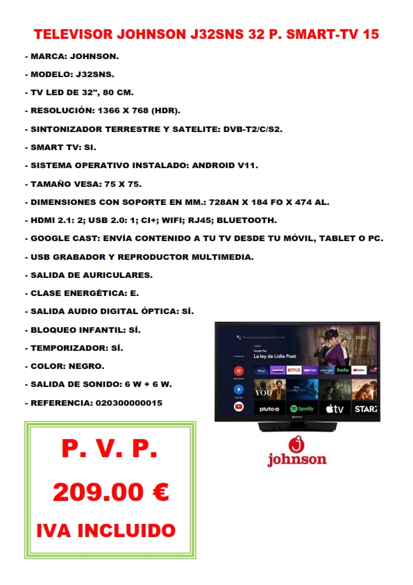 TELEVISOR JOHNSON J32SNS 32 P. SMART-TV 15