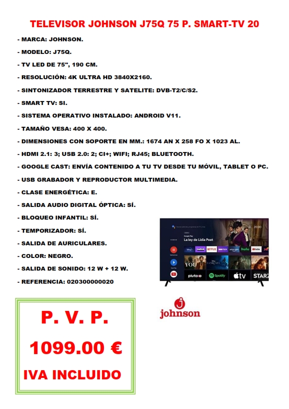 TELEVISOR JOHNSON J75Q 75 P. SMART-TV 20