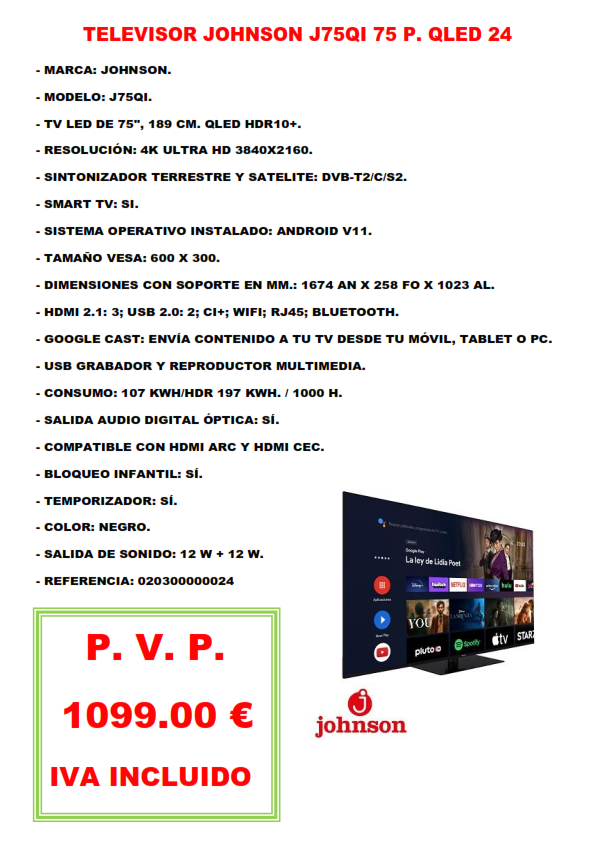 TELEVISOR JOHNSON J75QI 75 P. QLED 24