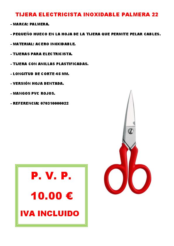 TIJERA ELECTRICISTA INOXIDABLE PALMERA 22 
