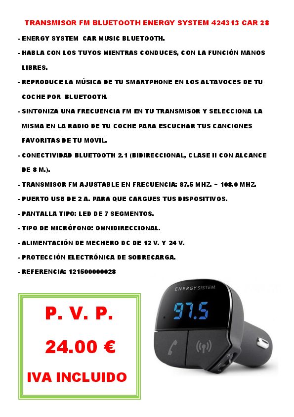 TRANSMISOR FM BLUETOOTH ENERGY SYSTEM 424313 CAR 28