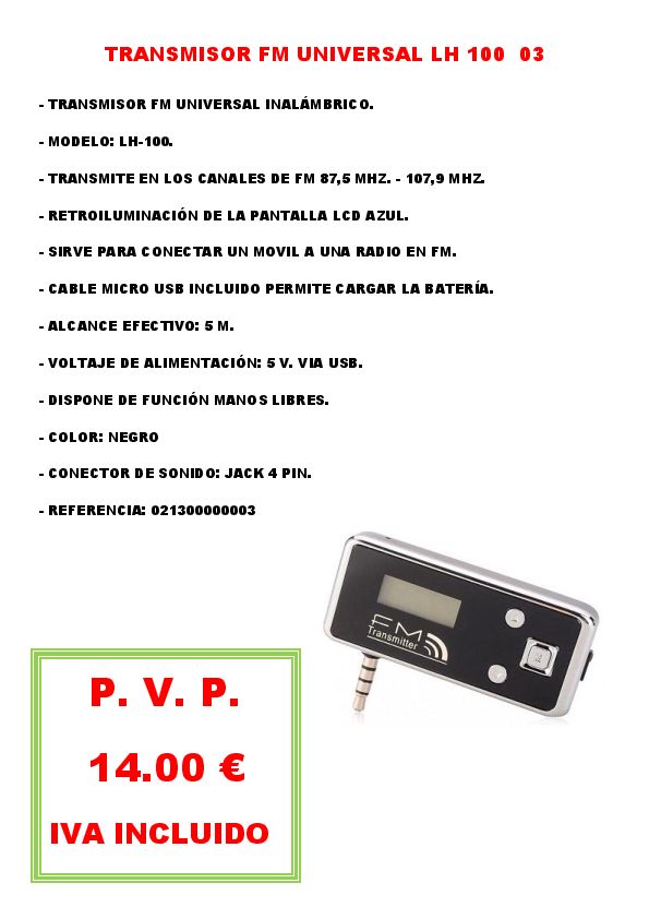 TRANSMISOR FM UNIVERSAL LH 100 03