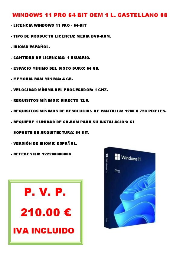 WINDOWS 11 PRO 64 BIT OEM 1 L. CASTELLANO 08