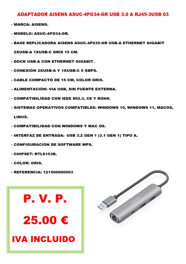 ADAPTADOR AISENS ASUC-4PO34-GR USB 3.0 A RJ45-3USB 03