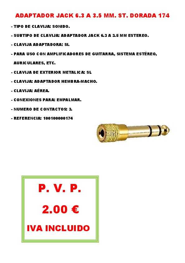 ADAPTADOR JACK 6.3 A 3.5 MM. ST. DORADA 174
