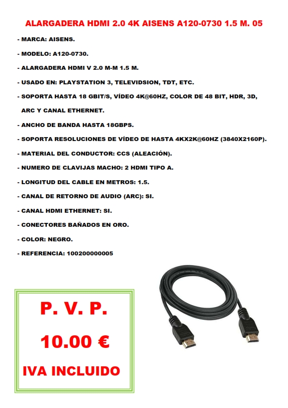 ALARGADERA HDMI 2.0 4K AISENS A120-0730 1.5 M. 05