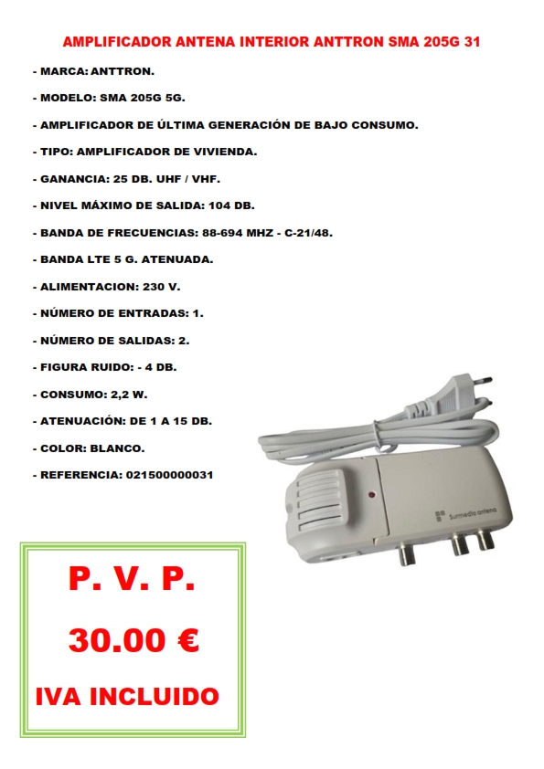 AMPLIFICADOR ANTENA INTERIOR ANTTRON SMA 205G 31