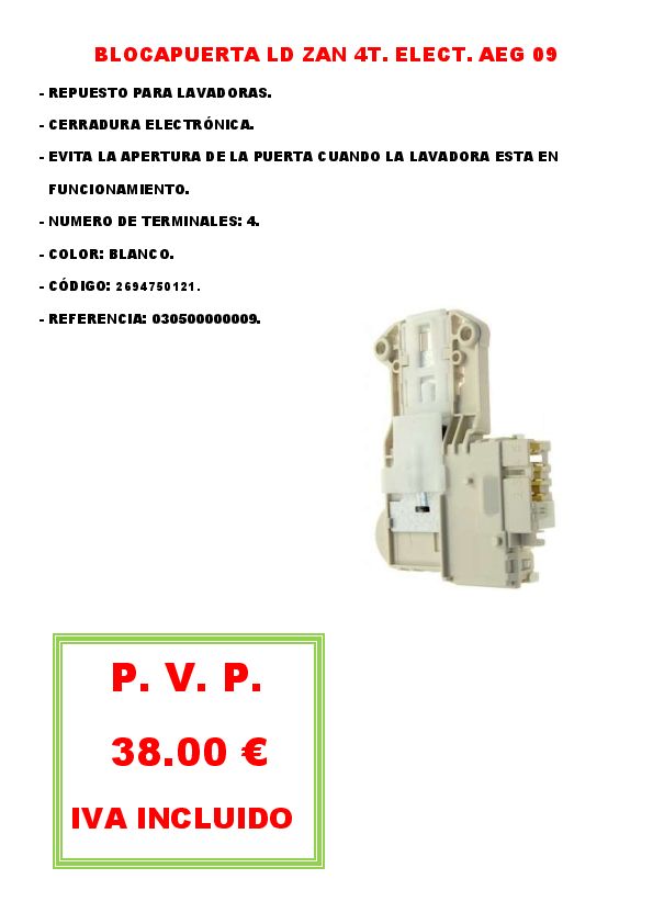 BLOCAPUERTA LD ZAN 4T. ELECT. AEG 09
