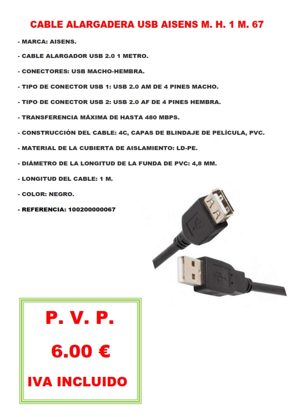 CABLE ALARGADERA USB AISENS M. H. 1 M. 67