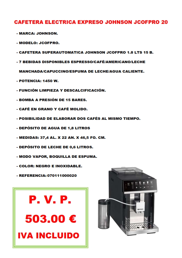 CAFETERA ELECTRICA EXPRESO JOHNSON JCOFPRO 20