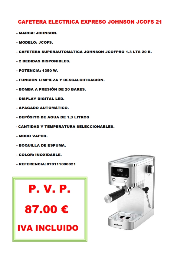 CAFETERA ELECTRICA EXPRESO JOHNSON JCOFS 21