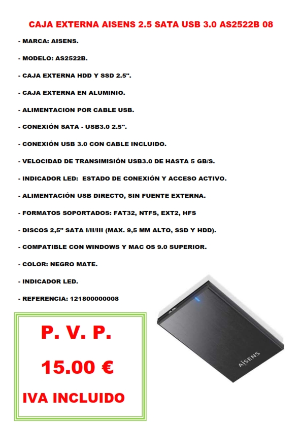 CAJA EXTERNA AISENS 2.5 SATA USB 3.0 AS2522B 08