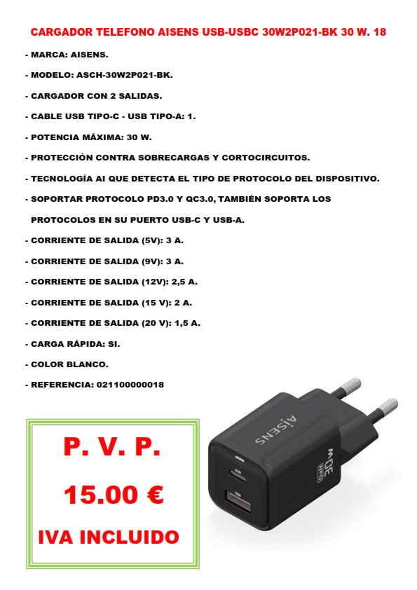 CARGADOR TELEFONO AISENS USB-USBC 30W2P021-BK 30 W. 18