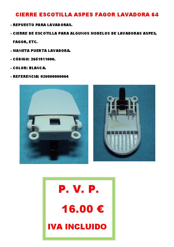 CIERRE ESCOTILLA ASPES FAGOR LAVADORA 64