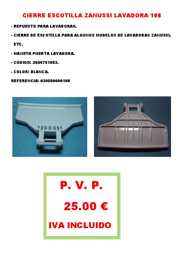 CIERRE ESCOTILLA ZANUSSI LAVADORA 108