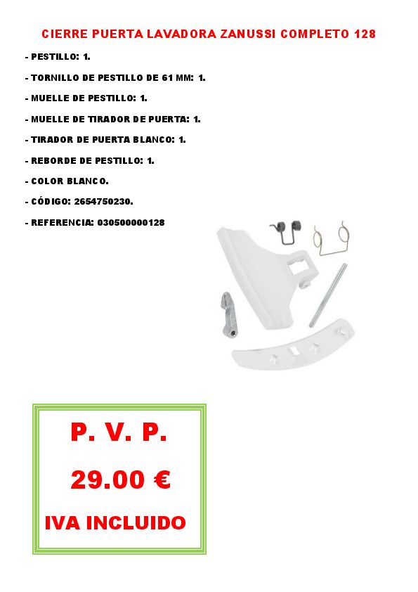 CIERRE PUERTA LAVADORA ZANUSSI COMPLETO 128 