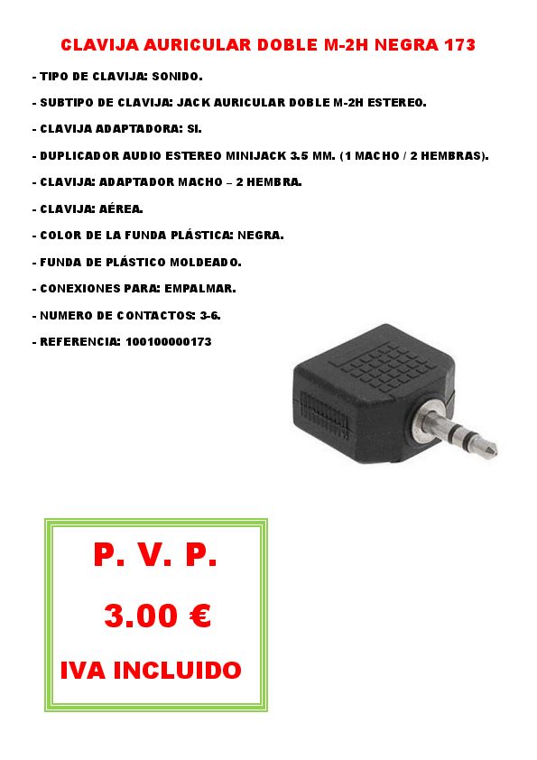 CLAVIJA AURICULAR DOBLE M-2H NEGRA 173