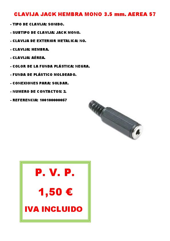 CLAVIJA JACK HEMBRA MONO 3.5 mm. AEREA 57