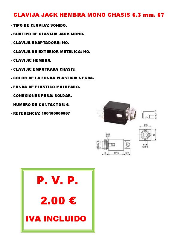 CLAVIJA JACK HEMBRA MONO CHASIS 6.3 mm. 67