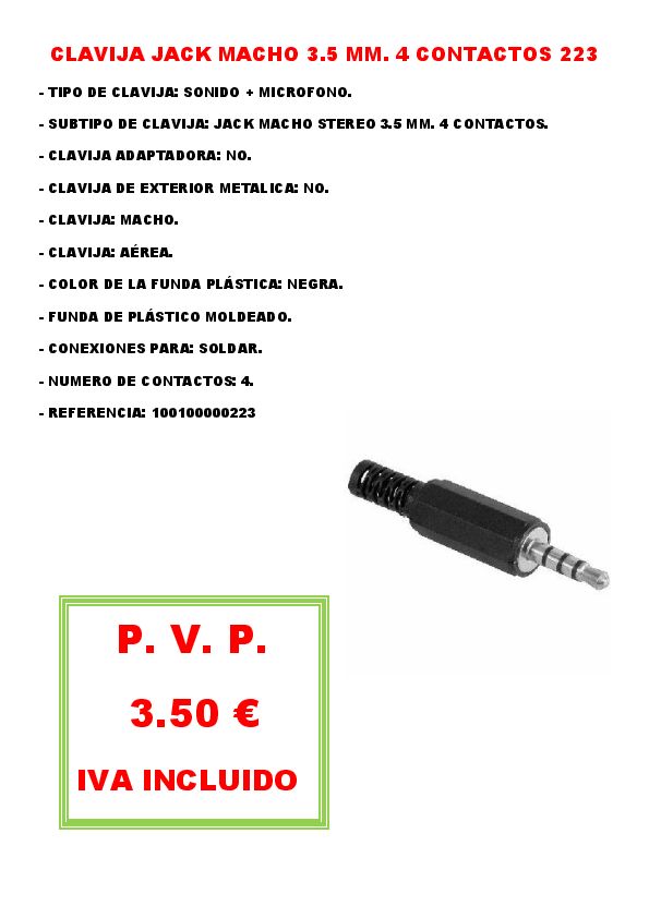 CLAVIJA JACK MACHO 3.5 MM. 4 CONTACTOS 223