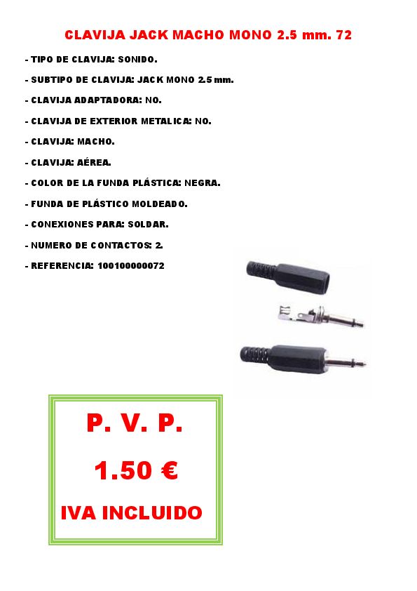 CLAVIJA JACK MACHO MONO 2.5 mm. 72