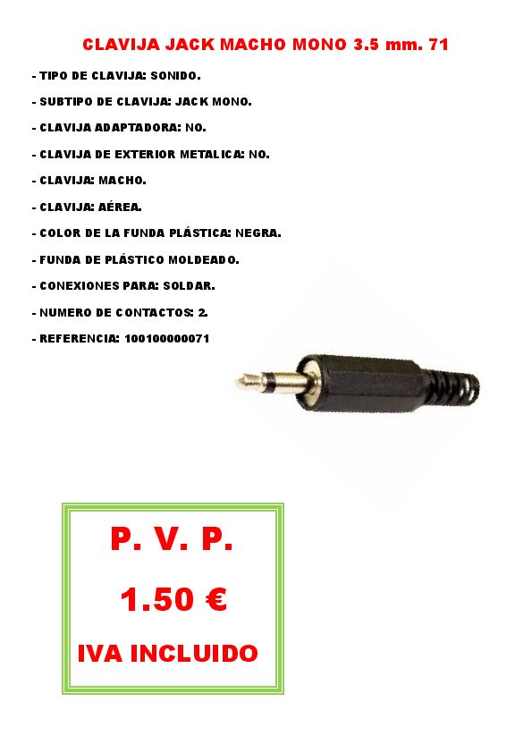 CLAVIJA JACK MACHO MONO 3.5 mm. 71