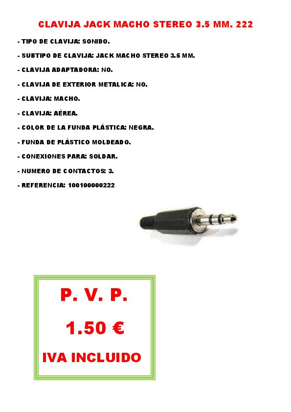 CLAVIJA JACK MACHO STEREO 3.5 MM. 222