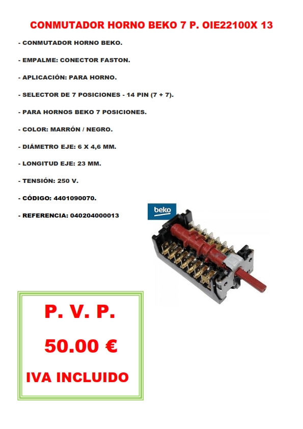CONMUTADOR HORNO BEKO 7 P. OIE22100X 13