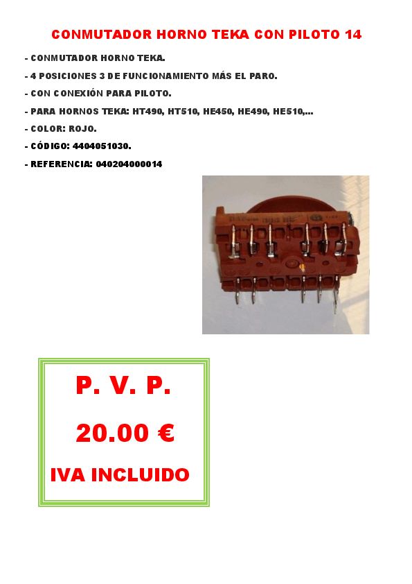 CONMUTADOR HORNO TEKA CON PILOTO 14