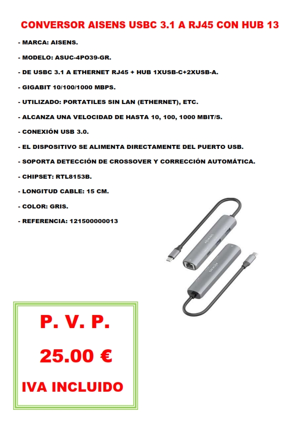 CONVERSOR AISENS USBC 3.1 A RJ45 CON HUB 13.