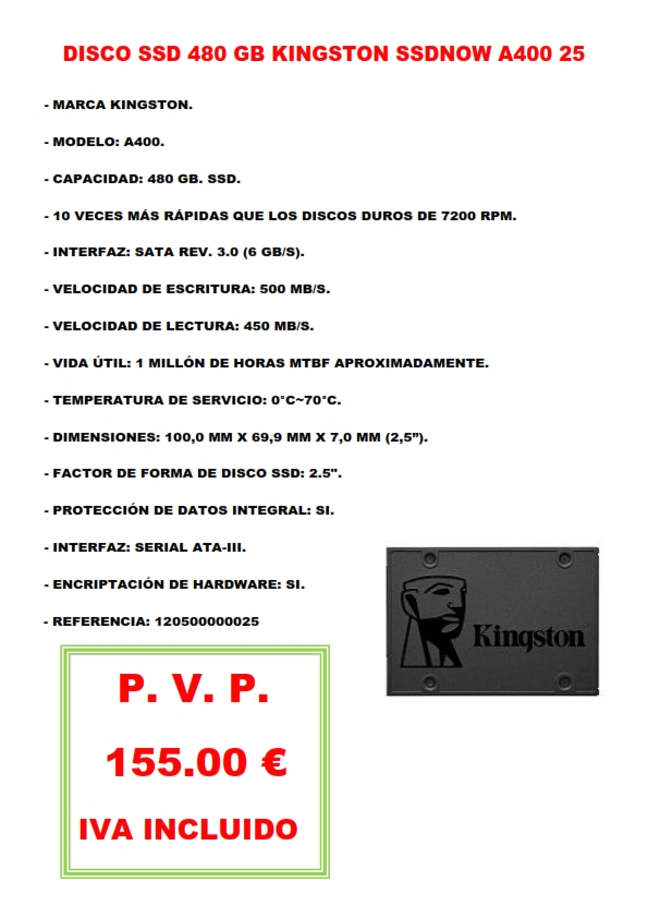 DISCO SSD 480 GB KINGSTON SSDNOW A400 25
