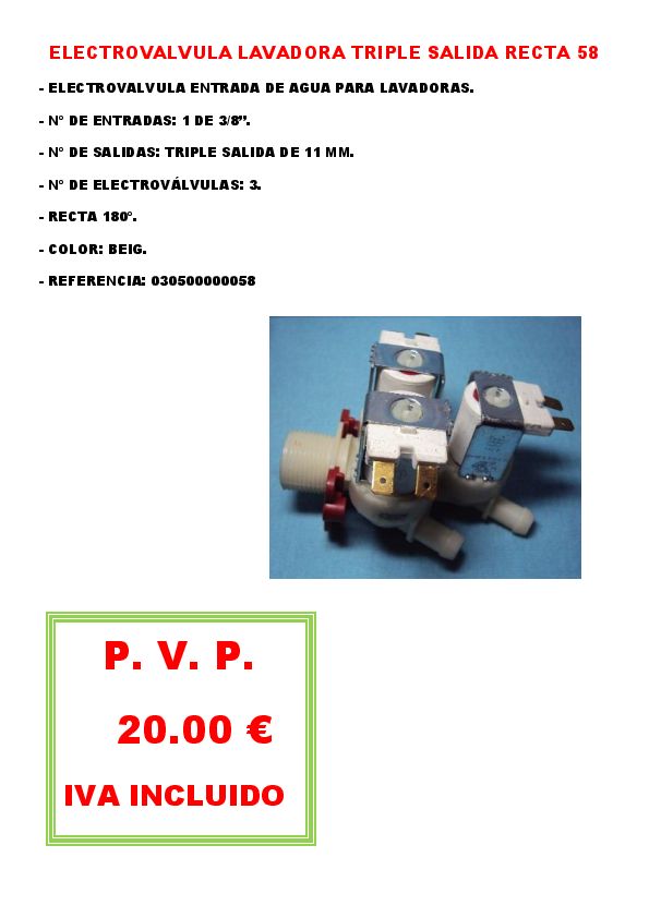 ELECTROVALVULA LAVADORA TRIPLE SALIDA RECTA 58