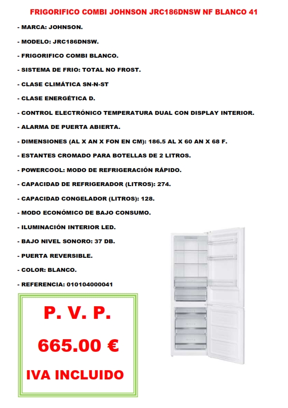FRIGORIFICO COMBI JOHNSON JRC186DNSW NF BLANCO 41
