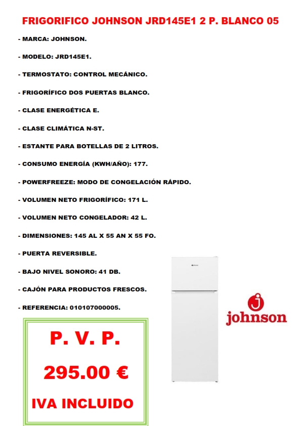 FRIGORIFICO JOHNSON JRD145E1 2 P. BLANCO 05