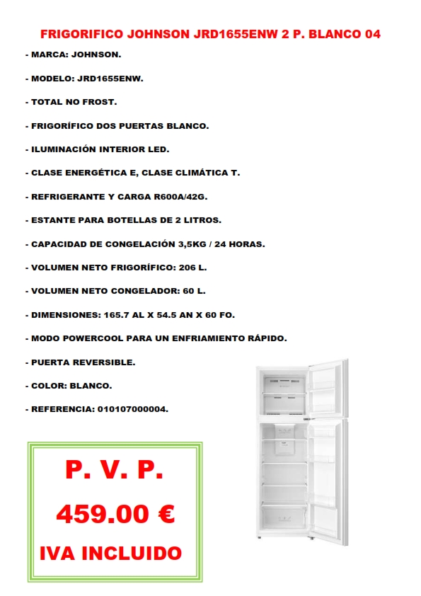 FRIGORIFICO JOHNSON JRD1655ENW 2 P. BLANCO 04