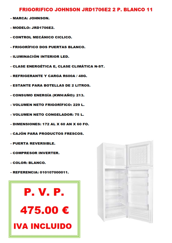 FRIGORIFICO JOHNSON JRD1706E2 2 P. BLANCO 11