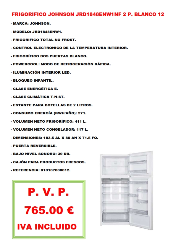 FRIGORIFICO JOHNSON JRD1848ENW1NF 2 P. BLANCO 12