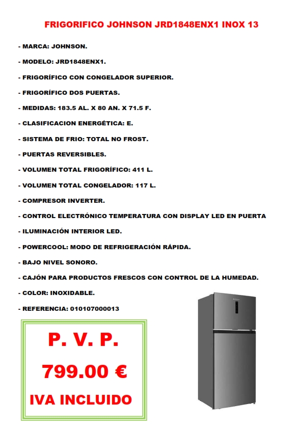 FRIGORIFICO JOHNSON JRD1848ENX1 INOX 13