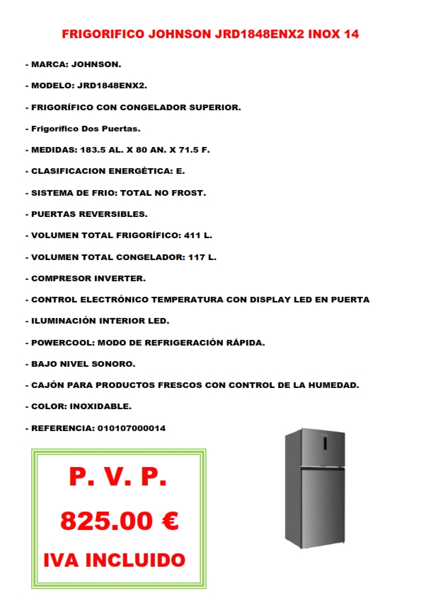 FRIGORIFICO JOHNSON JRD1848ENX2 INOX 14