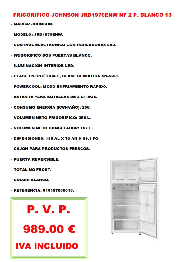 FRIGORIFICO JOHNSON JRD1970ENW NF 2 P. BLANCO 10