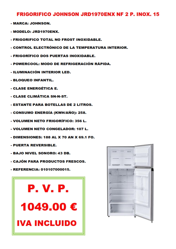 FRIGORIFICO JOHNSON JRD1970ENX NF 2 P. INOX. 15