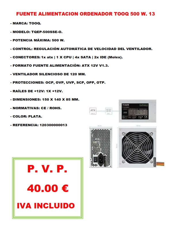 FUENTE ALIMENTACION ORDENADOR TOOQ 500 W. 13