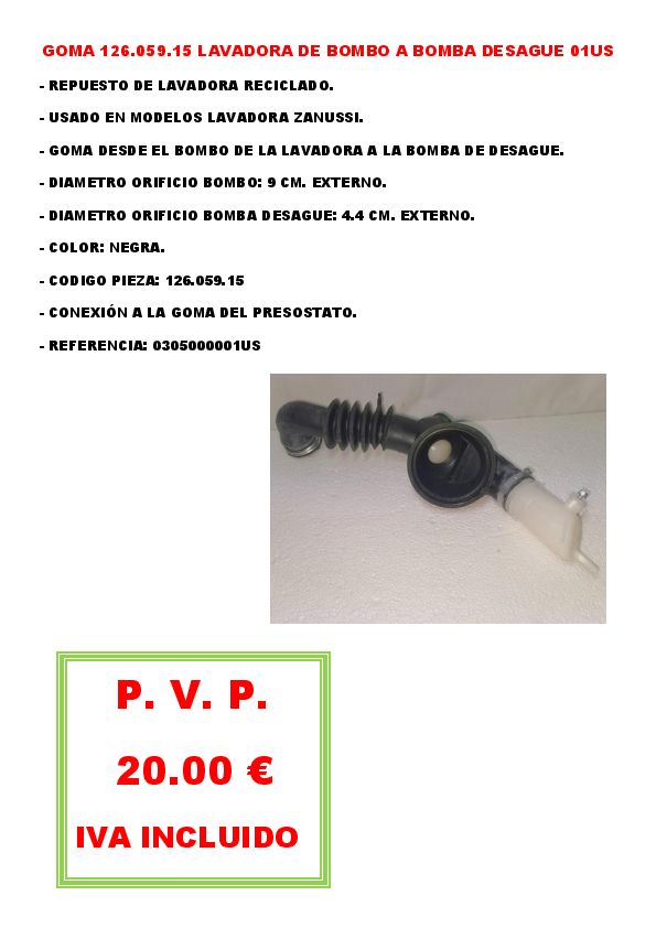 GOMA 126.059.15 LAVADORA DE BOMBO A BOMBA DESAGUE 01US