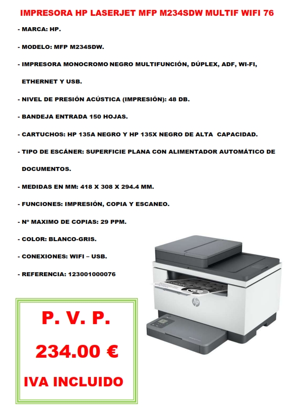 IMPRESORA HP LASERJET MFP M234SDW MULTIF WIFI 76